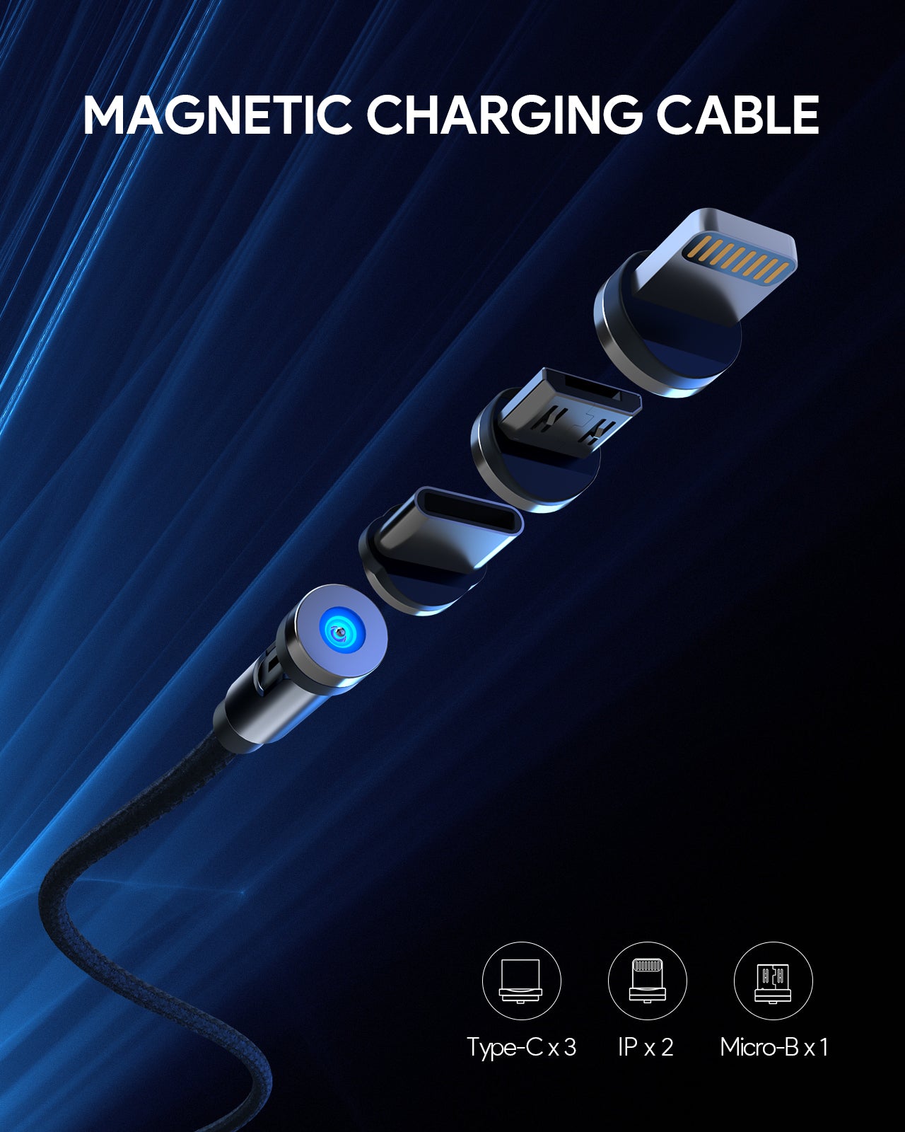 AUBIKA Magnetic Multi Charging Cable, 3-in-1 Rotating Charger Cord 4FT with LED Light, USB-C Adapter 6 Connectors Included