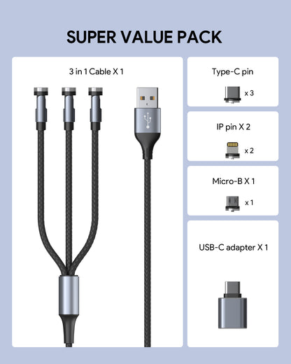 AUBIKA Magnetic Multi Charging Cable, 3-in-1 Rotating Charger Cord 4FT with LED Light, USB-C Adapter 6 Connectors Included